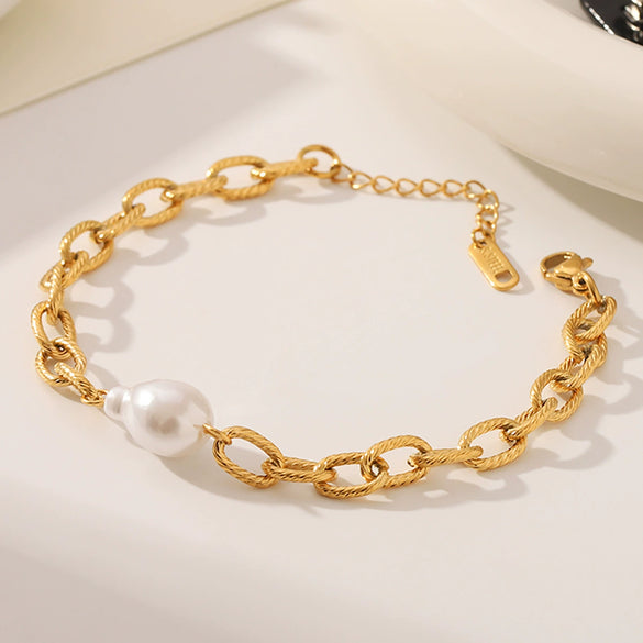 Jewelry Baroque Pearl Titanium Steel Hiphop Style Bracelet With Vacuum Electroplating