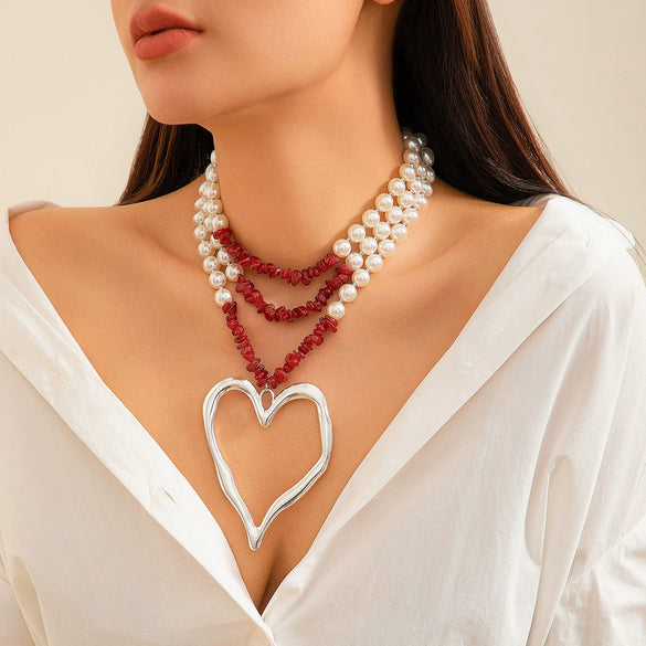Jewelry Beaded Imitation Pearl Necklace Plastic Resin Alloy Heart Shape Electroplated For Women