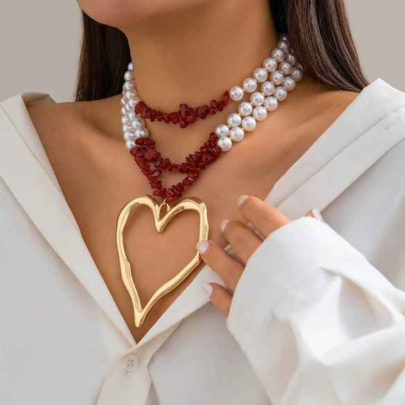 Jewelry Beaded Imitation Pearl Necklace Plastic Resin Alloy Heart Shape Electroplated For Women