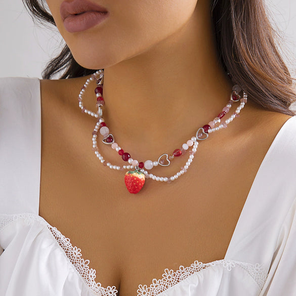 Jewelry Beaded Necklace With Fruit Pattern And Artificial Crystal Pendant Handmade For Women