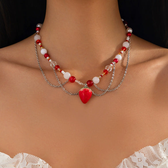 Jewelry Beaded Necklace With Fruit Pattern And Artificial Crystal Pendant Handmade For Women