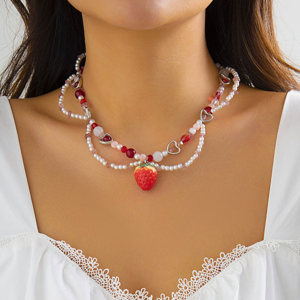 Jewelry Beaded Necklace With Fruit Pattern And Artificial Crystal Pendant Handmade For Women