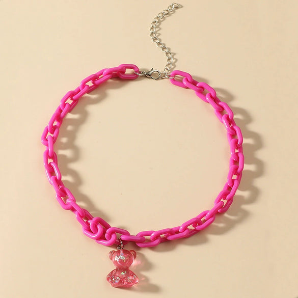 Jewelry Bear Necklace Plastic Resin Artificial Crystal Doll Pattern Electroplated Cross Chain For Women