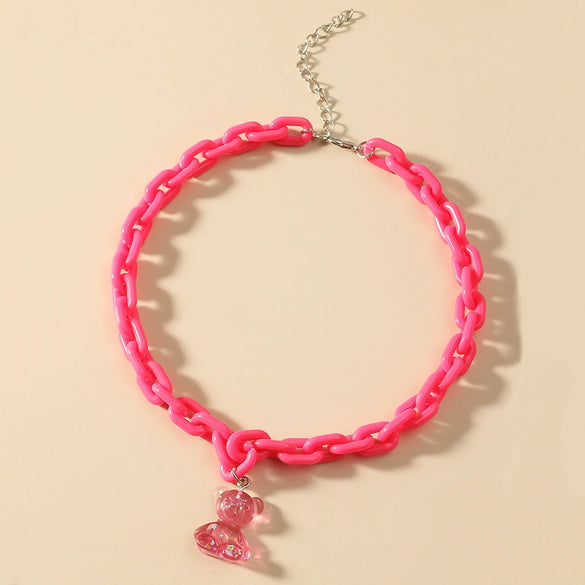 Jewelry Bear Necklace Plastic Resin Artificial Crystal Doll Pattern Electroplated Cross Chain For Women