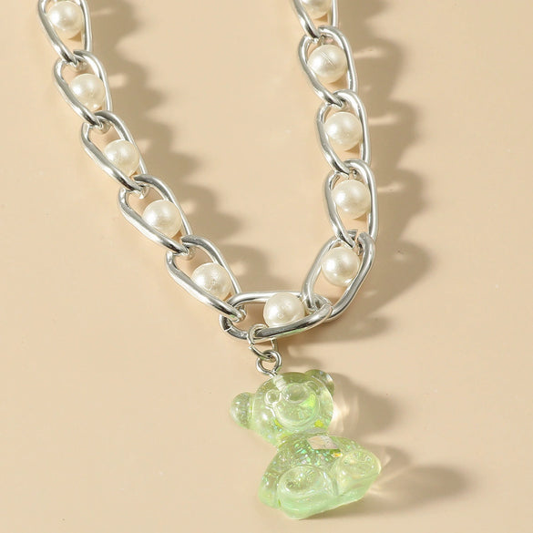 Jewelry Bear Necklace Plastic Resin Artificial Crystal Doll Pattern Electroplated Cross Chain For Women