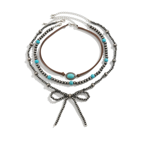 Jewelry Bohemian Bow Beaded Necklace Velvet Alloy Imitation Turquoise Electroplated
