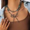 Jewelry Bohemian Bow Beaded Necklace Velvet Alloy Imitation Turquoise Electroplated