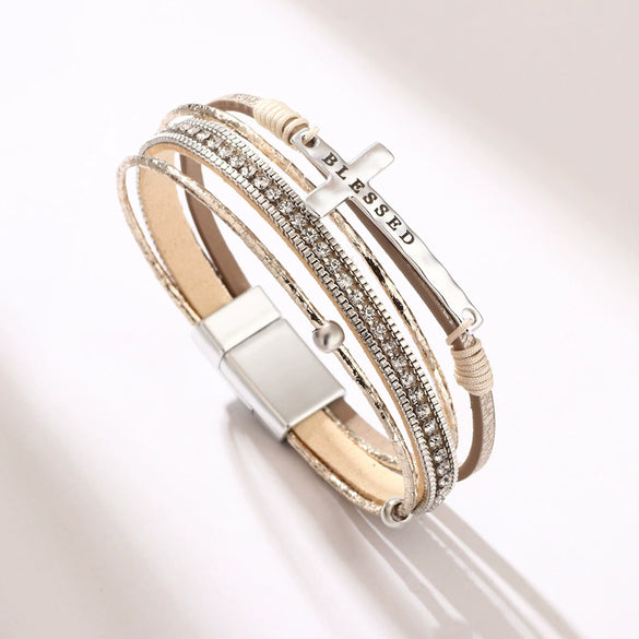 Jewelry Bohemian Cross Bracelet Pu Leather Geometric Electroplating Women's