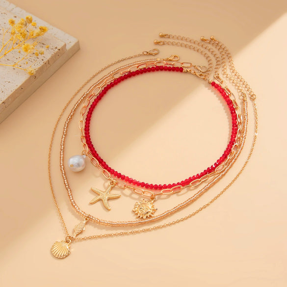 Jewelry Bohemian Geometric Multilayer Necklace With Alloy Pendant Rice Beads Ccb Leather Wax Thread Electroplated