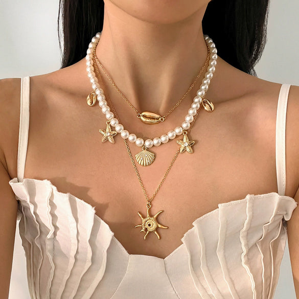 Jewelry Bohemian Imitation Pearl Copperclad Iron Chain Alloy Star Geometric Electroplated Pendant Necklace