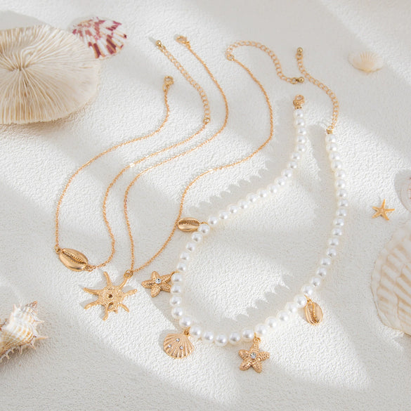 Jewelry Bohemian Imitation Pearl Copperclad Iron Chain Alloy Star Geometric Electroplated Pendant Necklace