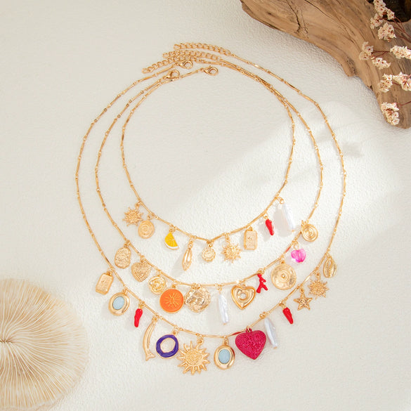 Jewelry Bohemian Metal Iron Chain Alloy Imitation Pearl Acrylic Turquoise Animal Zodiac Heart Multilayer Necklace Electroplating