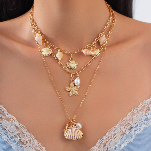 Jewelry Bohemian Shell Starfish Pendant Necklace Alloy Pearl Clavicle Chain Geometric Electroplating