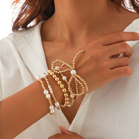 Jewelry Bow Beaded Multilayer Bracelet Imitation Pearl Ccb Electroplated For Women