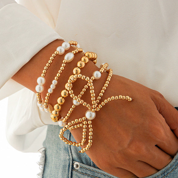 Jewelry Bow Beaded Multilayer Bracelet Imitation Pearl Ccb Electroplated For Women