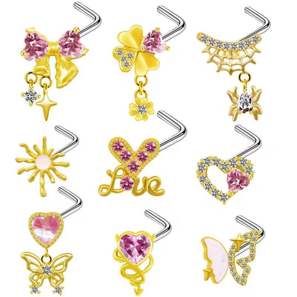 Jewelry Bow Nose Stud Copper Stainless Steel Heart Shape Gold Plated