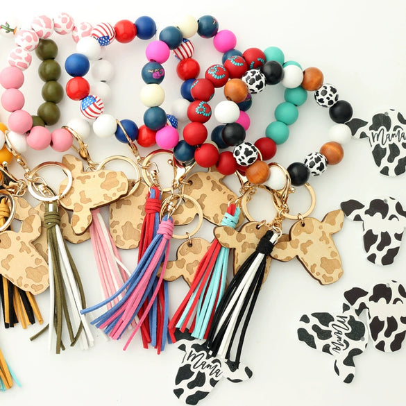 Jewelry Bracelet Keychain Cowboy Style Wood Bull Head Tassel Pendant