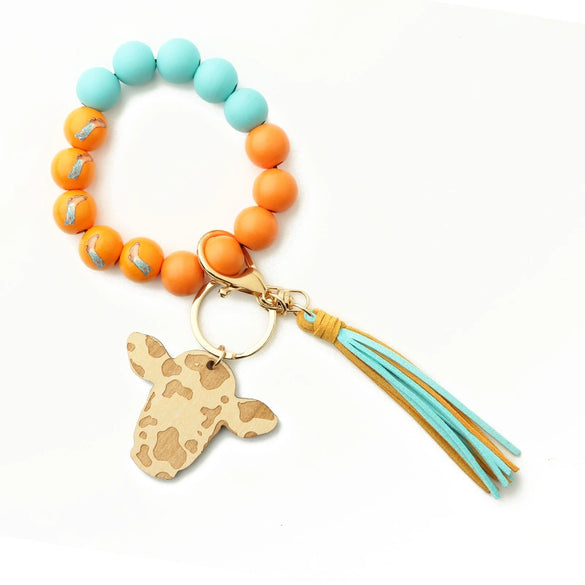 Jewelry Bracelet Keychain Cowboy Style Wood Bull Head Tassel Pendant