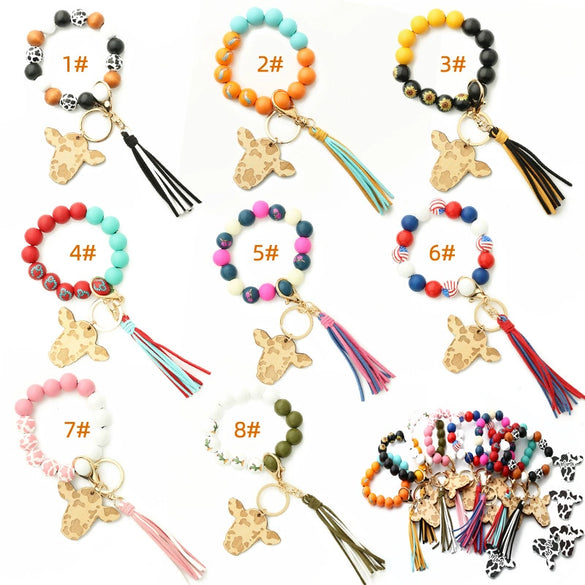 Jewelry Bracelet Keychain Cowboy Style Wood Bull Head Tassel Pendant