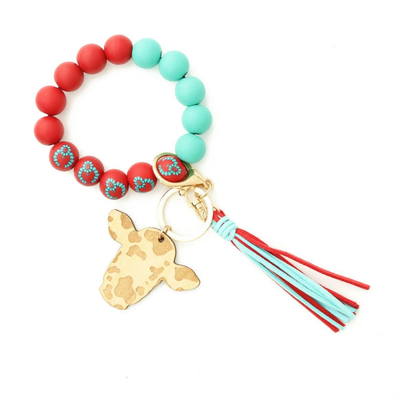 Jewelry Bracelet Keychain Cowboy Style Wood Bull Head Tassel Pendant