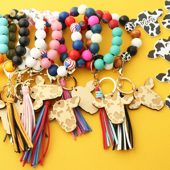 Jewelry Bracelet Keychain Cowboy Style Wood Bull Head Tassel Pendant