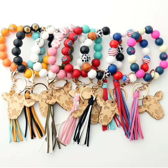 Jewelry Bracelet Keychain Cowboy Style Wood Bull Head Tassel Pendant