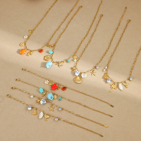 Jewelry Bracelet Necklace Stainless Steel Geometric Tassel Starfish Shell Pendant Electroplating