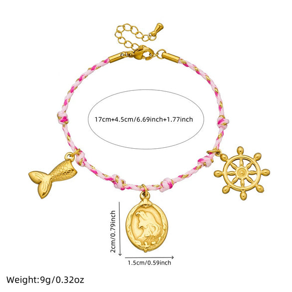 Jewelry Bracelet Stainless Steel Pink Braided Rope Knotted Goldplated Fishtail Oval Mermaid Rudder Cartoon Characters Pendant