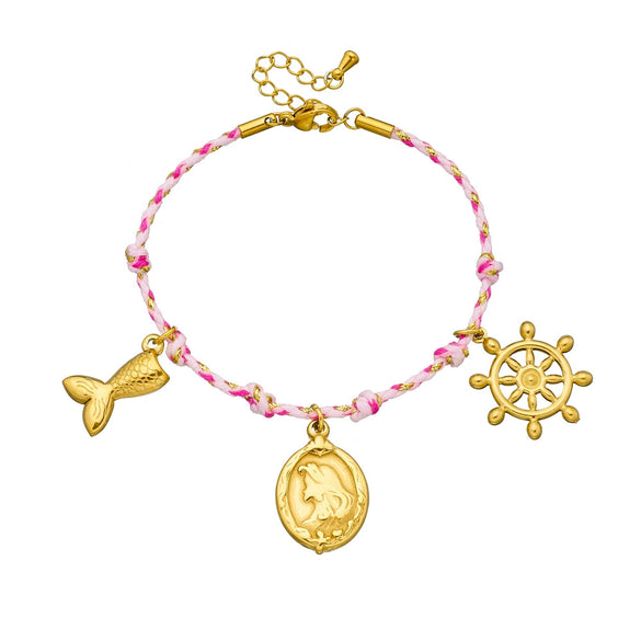Jewelry Bracelet Stainless Steel Pink Braided Rope Knotted Goldplated Fishtail Oval Mermaid Rudder Cartoon Characters Pendant