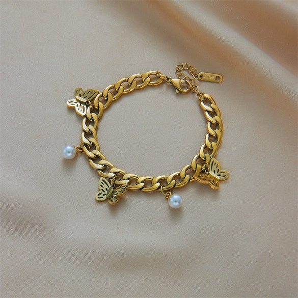 Jewelry Bracelet Titanium Steel Metal Pearl Butterfly Pendant Retro Simple Niche Design Unisex Electroplating