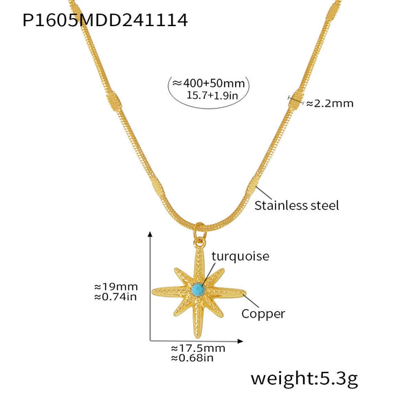 Jewelry Brass Copper Blue Turquoise Pendant Clavicle Necklace Star Shape Geometric Light Luxury Style Electroplated