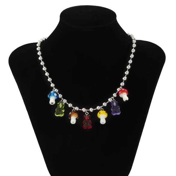 Jewelry Cartoon Men's Acrylic Bear Mushroom Pendant Necklace Ball Chain