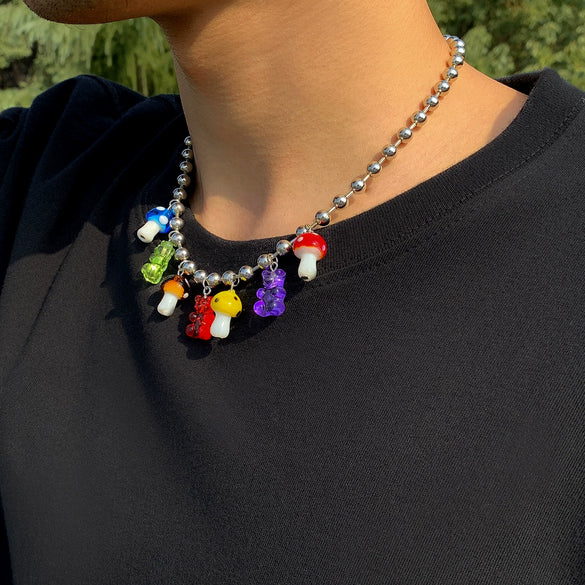Jewelry Cartoon Men's Acrylic Bear Mushroom Pendant Necklace Ball Chain