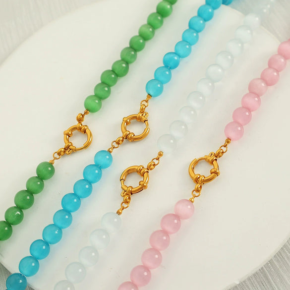 Jewelry Cat's Eye Stone Beaded Necklace 316L Stainless Steel Geometric Style Electroplated For Women