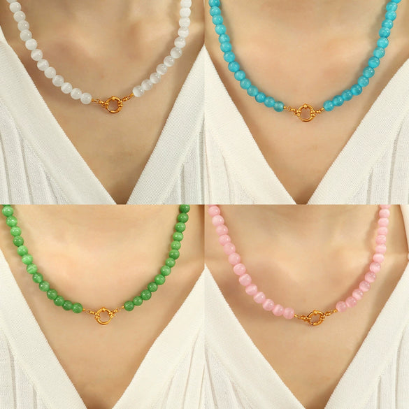 Jewelry Cat's Eye Stone Beaded Necklace 316L Stainless Steel Geometric Style Electroplated For Women