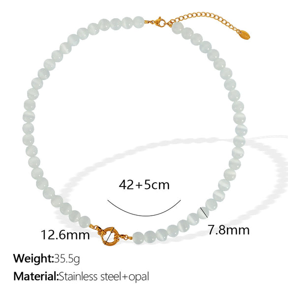 Jewelry Cat's Eye Stone Beaded Necklace 316L Stainless Steel Geometric Style Electroplated For Women