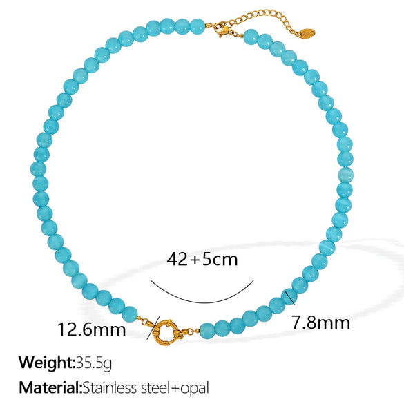 Jewelry Cat's Eye Stone Beaded Necklace 316L Stainless Steel Geometric Style Electroplated For Women