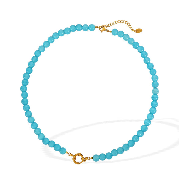 Jewelry Cat's Eye Stone Beaded Necklace 316L Stainless Steel Geometric Style Electroplated For Women