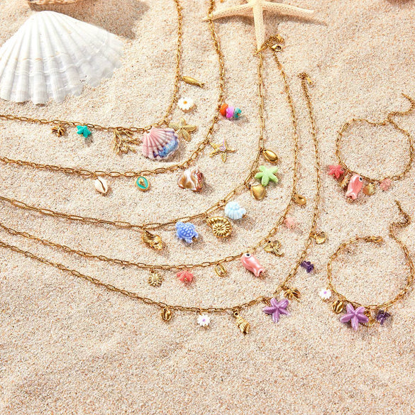 Jewelry Ceramic Pendant Bracelet Necklace With Stainless Steel Shell Starfish Geometric Pattern Electroplating For Women