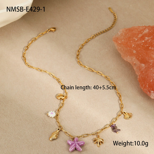Jewelry Ceramic Pendant Bracelet Necklace With Stainless Steel Shell Starfish Geometric Pattern Electroplating For Women