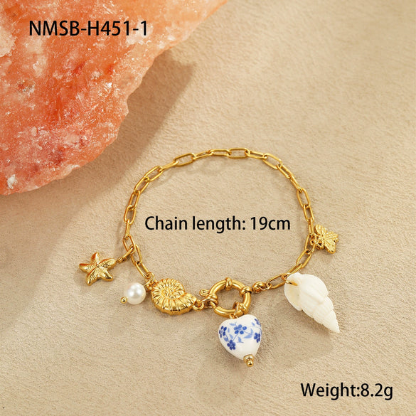 Jewelry Ceramic Pendant Bracelet Necklace With Stainless Steel Shell Starfish Geometric Pattern Electroplating For Women