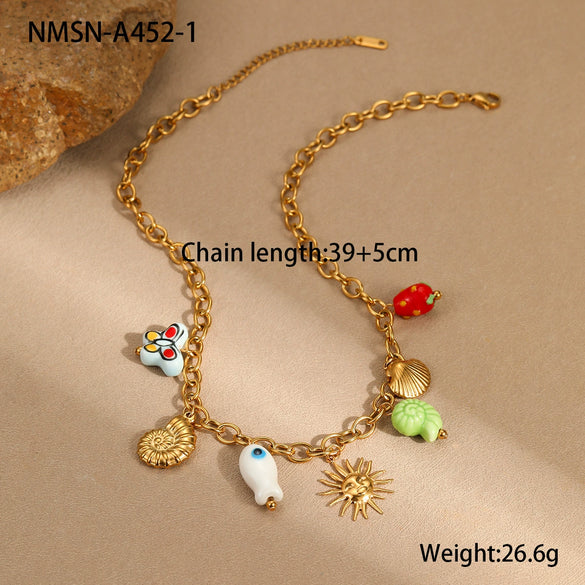Jewelry Ceramic Pendant Bracelet Necklace With Stainless Steel Shell Starfish Geometric Pattern Electroplating For Women