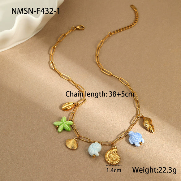 Jewelry Ceramic Pendant Bracelet Necklace With Stainless Steel Shell Starfish Geometric Pattern Electroplating For Women