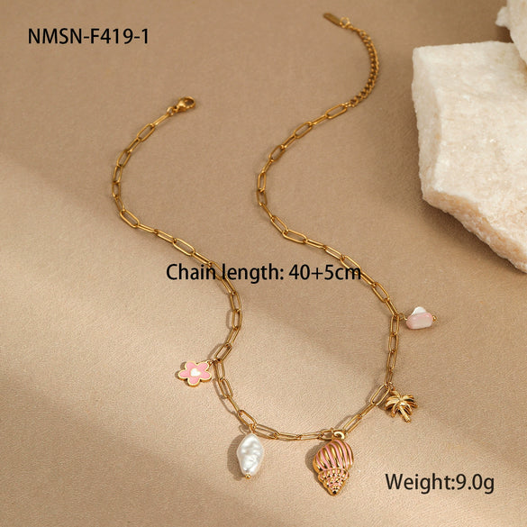Jewelry Ceramic Pendant Bracelet Necklace With Stainless Steel Shell Starfish Geometric Pattern Electroplating For Women