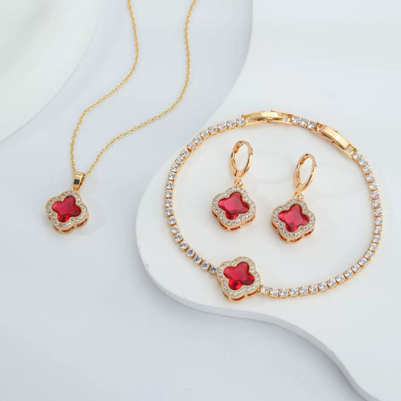 Jewelry Clover Pendant Copper Electroplating Unisex Earrings Necklace Bracelet Set