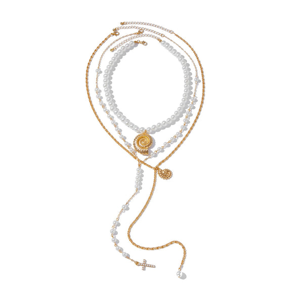 Jewelry Conch Cross Pendant Necklace Pearl Beaded Alloy Iron Chain Geometric Style Women's