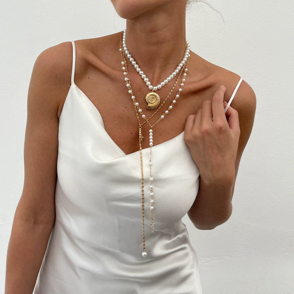 Jewelry Conch Cross Pendant Necklace Pearl Beaded Alloy Iron Chain Geometric Style Women's