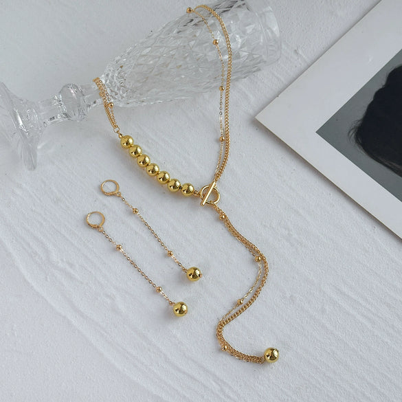 Jewelry Copper Alloy Geometric Style Electroplated Bead Chain Earrings Necklace For Women