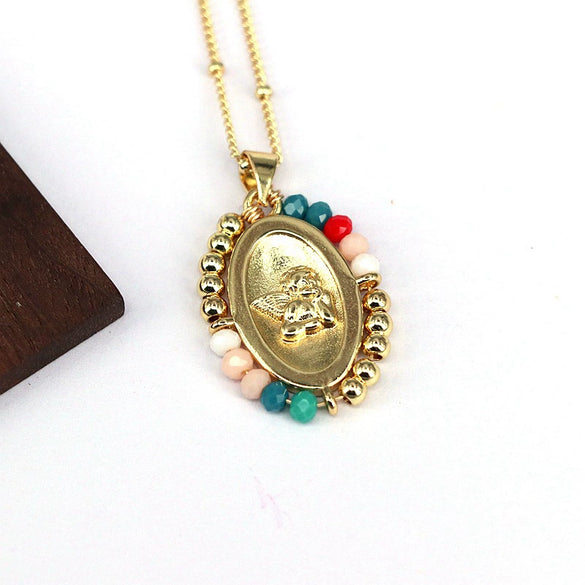Jewelry Copper And Titanium Steel Geometric Oval Pendant Necklace With Ball Chain And Electroplating