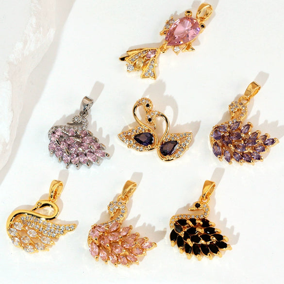 Jewelry Copper Animal Zodiac Fashion Electroplated Black Pink Swan Pendant Clavicle Chain Necklace Single Diamond Earrings